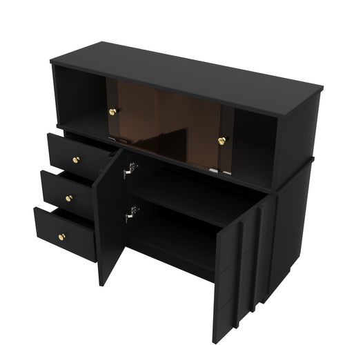 Buffet Moderne - 3 Tiroirs、2 Étagères Et Cloison Vitrée - Mdf - Noir