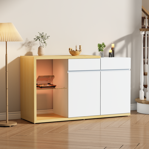 Buffet Avec LED - 2 Portes Et 2 Tiroirs - Blanc Et Naturel