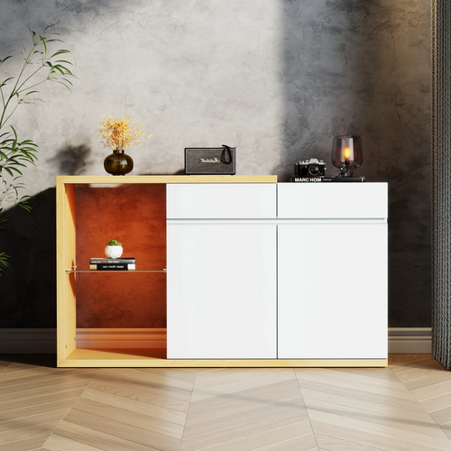 Buffet Avec LED - 2 Portes Et 2 Tiroirs - Blanc Et Naturel