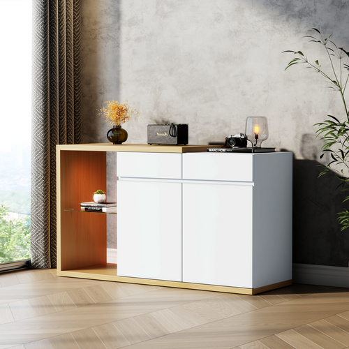 Buffet Avec LED - 2 Portes Et 2 Tiroirs - Blanc Et Naturel