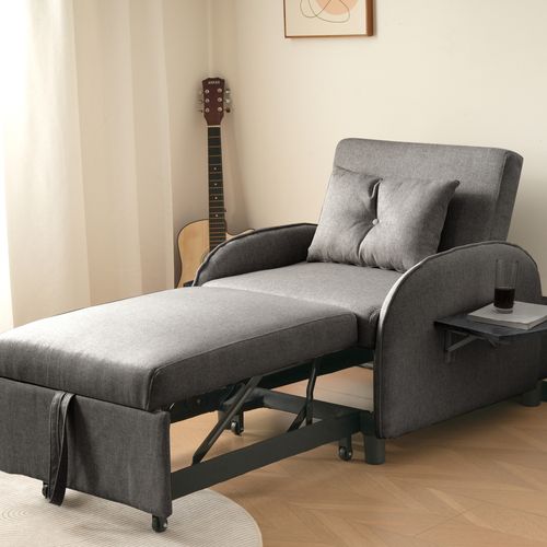 Fauteuil Escamotable En Lin - Avec Tables D'appoint Pliantes - Gris