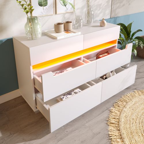 Commode Avec LED - 6 Tiroirs - Effet Brillant - Blanc