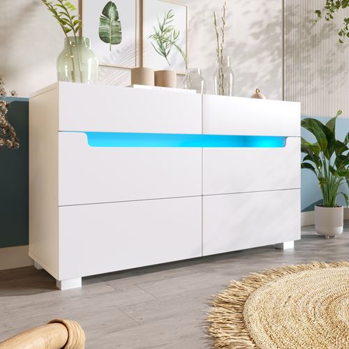 Commode Avec LED - 6 Tiroirs - Effet Brillant - Blanc