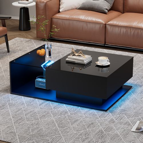 Table Basse Avec Éclairage LED - Avec Plateau En Verre Et Tiroirs - Noir