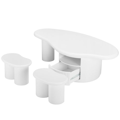 Table Basse En Mdf - Avec 1 Tiroir、1 Compartiment Et 2 Tabourets - Blanc