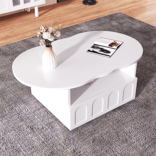Table Basse Avec Tiroirs Et Compartiment Ouvert - Plateau En Forme De Nuage - Blanc