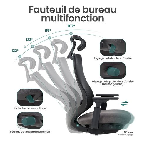 Chaise De Bureau Avec Accoudoirs 4d Et Siège Réglable Avant-arrière, Confort Optimal, Gris Foncé
