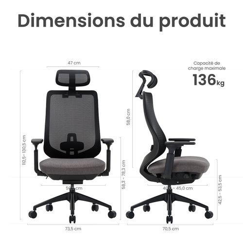 Chaise De Bureau Avec Accoudoirs 4d Et Siège Réglable Avant-arrière, Confort Optimal, Gris Foncé