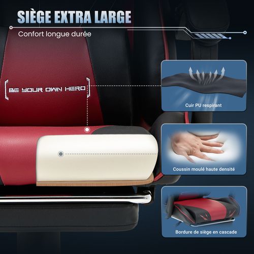 Chaise Gaming Ergonomique Avec Repose-pieds, Capacité De Charge Max 136 Kg, Rouge