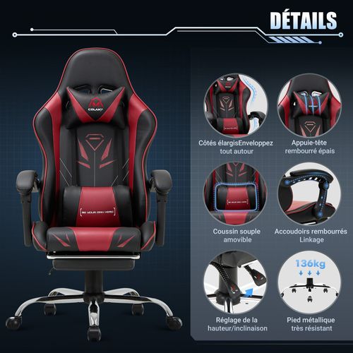 Chaise Gaming Ergonomique Avec Repose-pieds, Capacité De Charge Max 136 Kg, Rouge