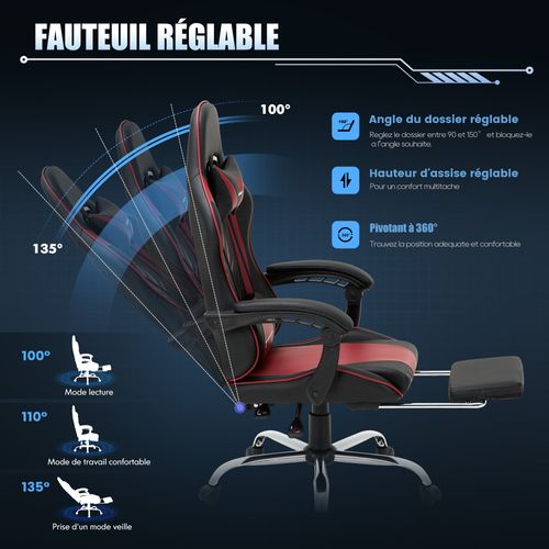 Chaise Gaming Ergonomique Avec Repose-pieds, Capacité De Charge Max 136 Kg, Rouge