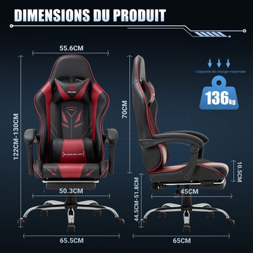 Chaise Gaming Ergonomique Avec Repose-pieds, Capacité De Charge Max 136 Kg, Rouge