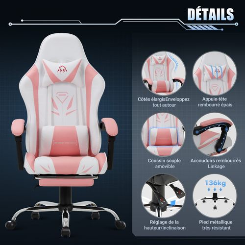 Chaise Gaming Ergonomique Avec Repose-pieds, Capacité De Charge Max 136 Kg, Rose