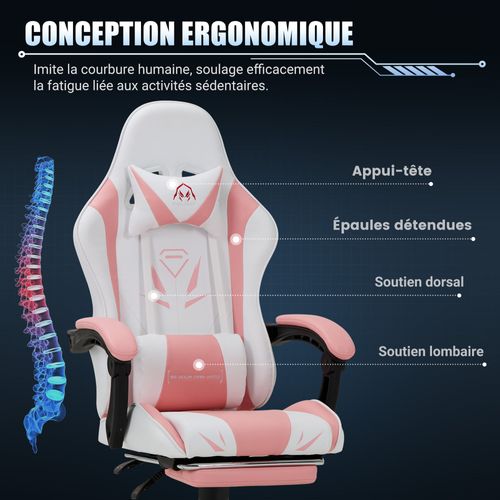 Chaise Gaming Ergonomique Avec Repose-pieds, Capacité De Charge Max 136 Kg, Rose