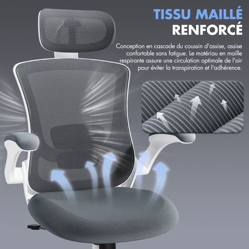 Chaise De Bureau Ergonomique, Dossier Haut En Mesh, Soutien Lombaire Et Appuie-tête Réglables, Gris