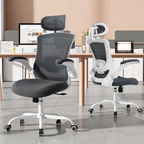 Chaise De Bureau Ergonomique, Dossier Haut En Mesh, Soutien Lombaire Et Appuie-tête Réglables, Gris
