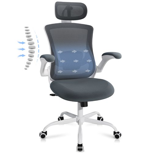 Chaise De Bureau Ergonomique, Dossier Haut En Mesh, Soutien Lombaire Et Appuie-tête Réglables, Gris