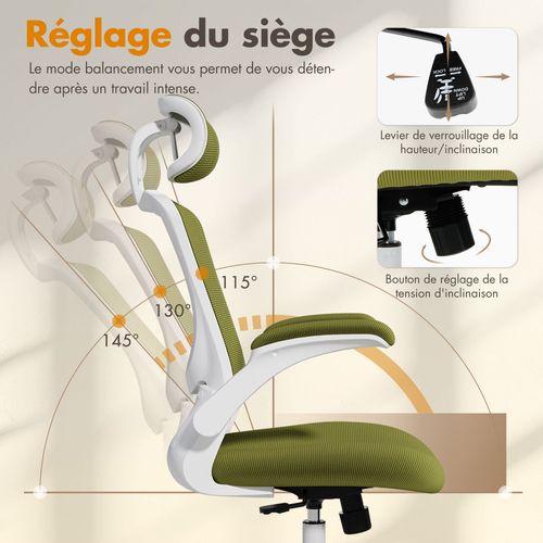 Chaise De Bureau Ergonomique, Dossier Haut En Mesh, Soutien Lombaire Et Appuie-tête Réglables, Vert