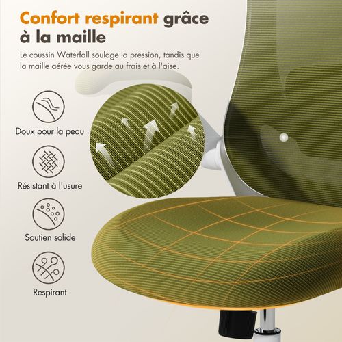 Chaise De Bureau Ergonomique, Dossier Haut En Mesh, Soutien Lombaire Et Appuie-tête Réglables, Vert