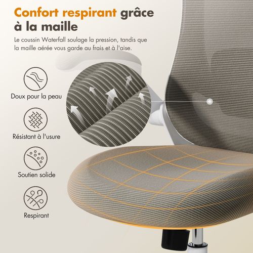 Chaise De Bureau Ergonomique, Dossier Haut En Mesh, Soutien Lombaire Et Appuie-tête Réglables, Kaki