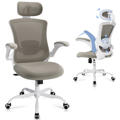 Chaise De Bureau Ergonomique, Dossier Haut En Mesh, Soutien Lombaire Et Appuie-tête Réglables, Kaki