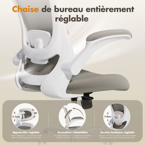 Chaise De Bureau Ergonomique, Dossier Haut En Mesh, Soutien Lombaire Et Appuie-tête Réglables, Kaki
