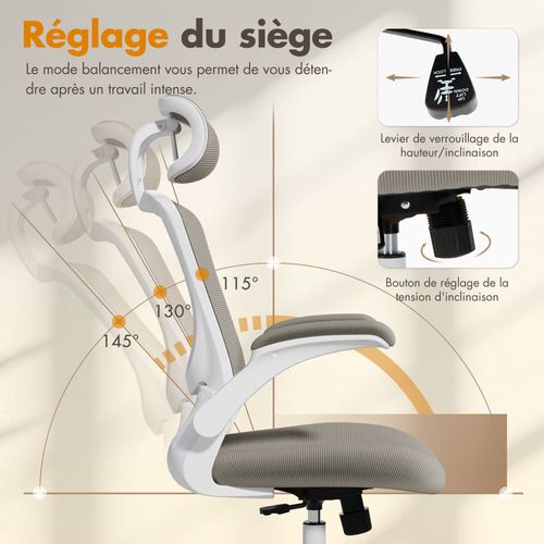 Chaise De Bureau Ergonomique, Dossier Haut En Mesh, Soutien Lombaire Et Appuie-tête Réglables, Kaki