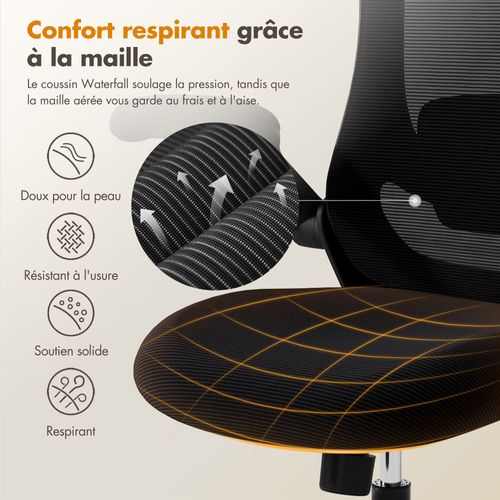 Chaise De Bureau Ergonomique, Dossier Haut En Mesh, Soutien Lombaire Et Appuie-tête Réglables, Noir