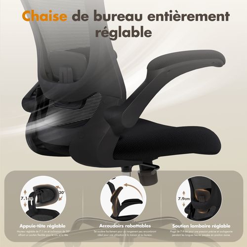 Chaise De Bureau Ergonomique, Dossier Haut En Mesh, Soutien Lombaire Et Appuie-tête Réglables, Noir