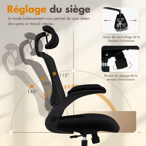 Chaise De Bureau Ergonomique, Dossier Haut En Mesh, Soutien Lombaire Et Appuie-tête Réglables, Noir