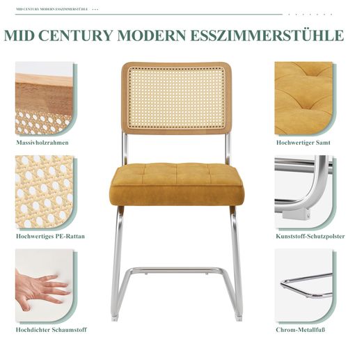 Chaises Salle à Manger Cantilever Style Mid-century, Velours, Cannage Et Structure Chromée, Jaune