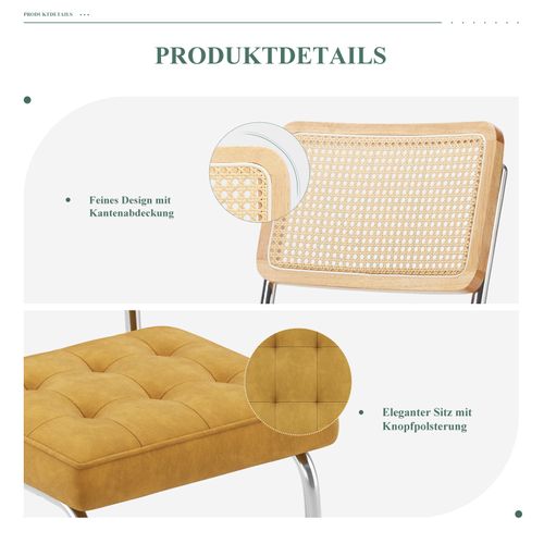 Chaises Salle à Manger Cantilever Style Mid-century, Velours, Cannage Et Structure Chromée, Jaune