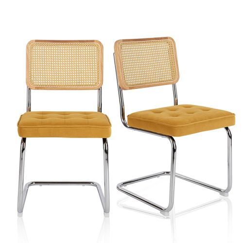 Chaises Salle à Manger Cantilever Style Mid-century, Velours, Cannage Et Structure Chromée, Jaune