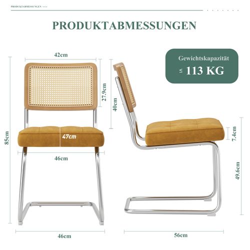 Chaises Salle à Manger Cantilever Style Mid-century, Velours, Cannage Et Structure Chromée, Jaune