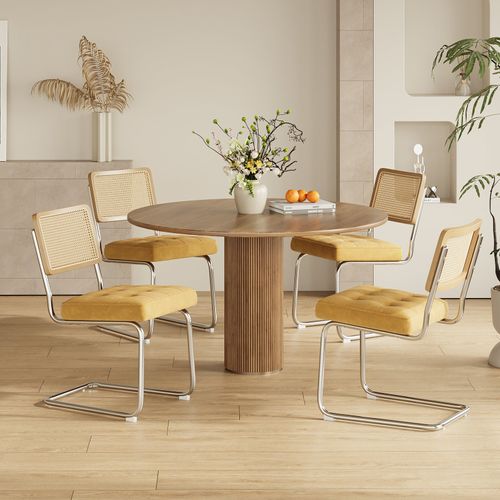 Chaises Salle à Manger Cantilever Style Mid-century, Velours, Cannage Et Structure Chromée, Jaune