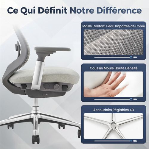Chaise De Bureau Avec Accoudoirs 4d Et Siège Réglable Avant-arrière, Confort Optimal, Gris Claire