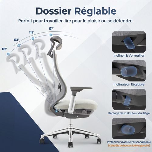 Chaise De Bureau Avec Accoudoirs 4d Et Siège Réglable Avant-arrière, Confort Optimal, Gris Claire