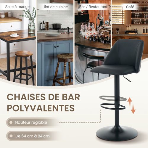 Lot De 2 Tabourets De Bar Modernes, Tournants En Cuir Pu Réglables Avec Dossier, Noir