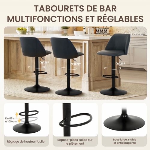Lot De 2 Tabourets De Bar Modernes, Tournants En Cuir Pu Réglables Avec Dossier, Noir