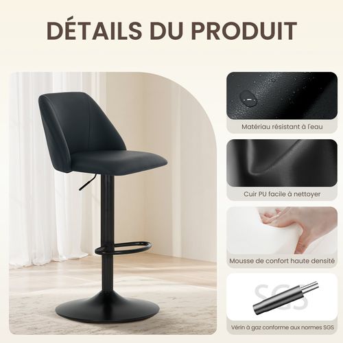 Lot De 2 Tabourets De Bar Modernes, Tournants En Cuir Pu Réglables Avec Dossier, Noir