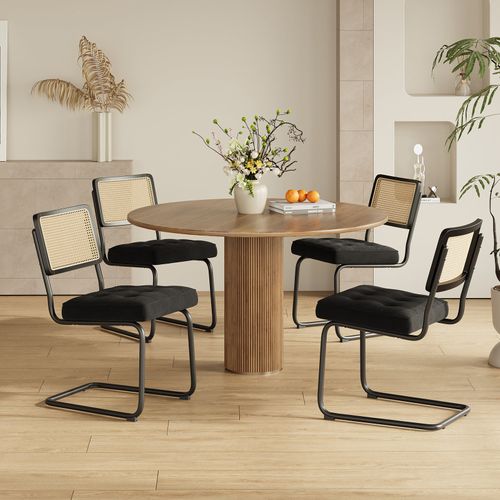 Chaises Salle à Manger Cantilever Style Mid-century, Velours, Cannage Et Structure Chromée, Noir