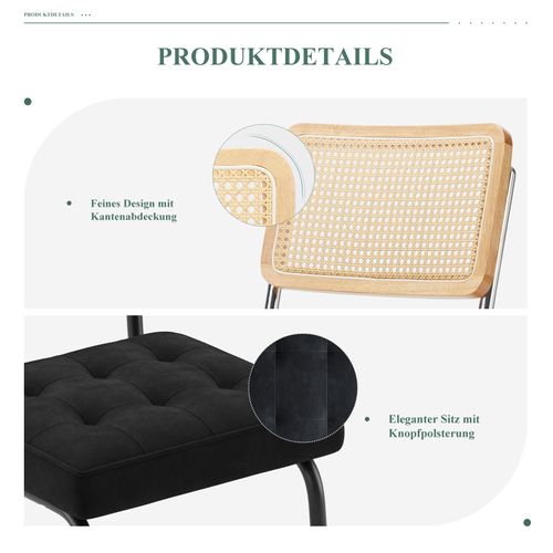 Chaises Salle à Manger Cantilever Style Mid-century, Velours, Cannage Et Structure Chromée, Noir