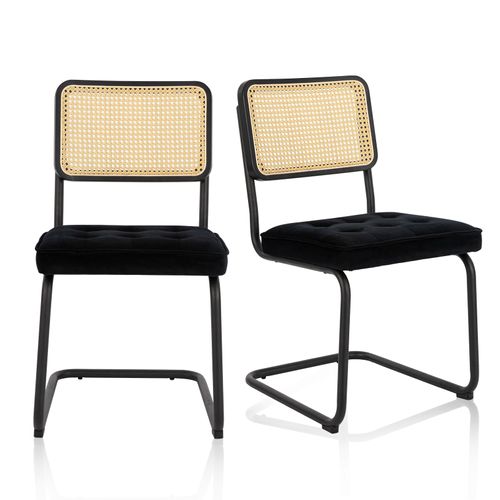 Chaises Salle à Manger Cantilever Style Mid-century, Velours, Cannage Et Structure Chromée, Noir