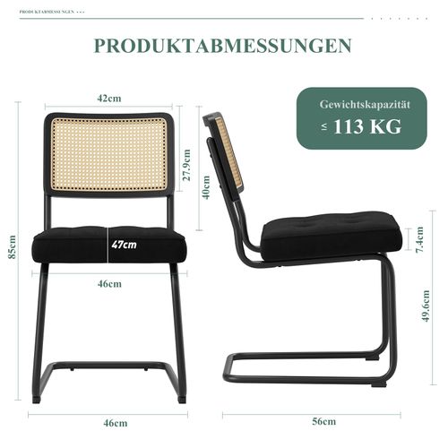 Chaises Salle à Manger Cantilever Style Mid-century, Velours, Cannage Et Structure Chromée, Noir