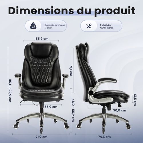 Chaise De Bureau Ergonomique, Coussin D’assise 13,5 Cm Et Accoudoirs Relevables, Noir