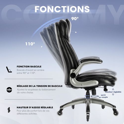 Chaise De Bureau Ergonomique, Coussin D’assise 13,5 Cm Et Accoudoirs Relevables, Noir
