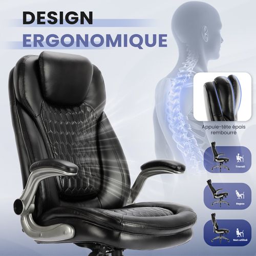 Chaise De Bureau Ergonomique, Coussin D’assise 13,5 Cm Et Accoudoirs Relevables, Noir