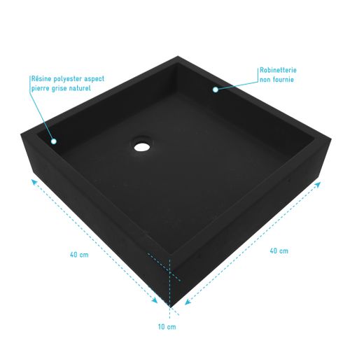 Vasque Carrée à Poser En Résine Polyester Aspect Pierre Grise Naturelle 40x40x10 Cm