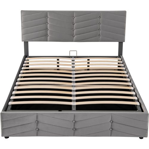 Lit Double Lit Coffre 140x200 Cm Tête De Lit Réglable En Hauteur, Velours, Gris