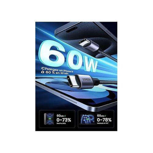 Câble USB-c - Câble Data 1 M - 60w - Nylon - Pd - Noir